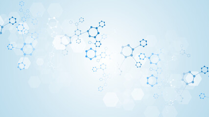 Modern science background with lines, dots and hexagons. Wave flow abstract background. Molecular structure for medical, technology, chemistry, science. Vector illustration