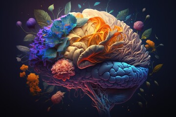 Floral Bliss: Human Brain Enveloped in Vibrant Colors and Tranquil Mood Generative AI