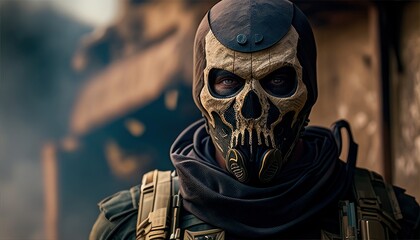 Soldier close-up face with skull mask and military equipment with city in background. Fictional person created with generative AI