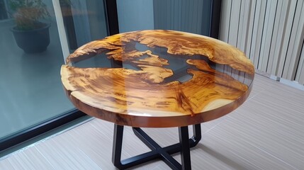 Handmade epoxy resin round wood table. Reclaimed wood furniture and live edge table made from fallen trees. Generative AI