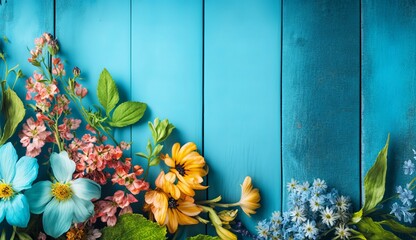 Garden flowers over blue wooden table background Generative AI