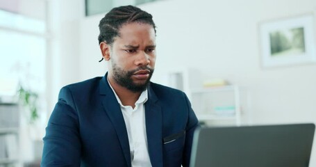 Poster - Business, glitch and black man with stress, frustrated and consultant in workplace, 404 server error and overworked. African male employee, manager or entrepreneur with device, burnout or frustration