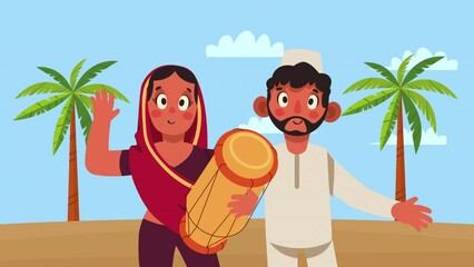 Canvas Print - indian culture young couple and palms animation