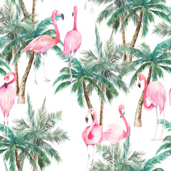 Tropical seamless pattern with flamingo and palm trees. Watercolor  print on white background. Summer hand drawn illustration