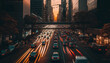 Busy street with traffic during sunset, blurred motion and lights on the cars, bridge above the street, skyscrapers Manhattan, NYC, New York, office buildings, city center