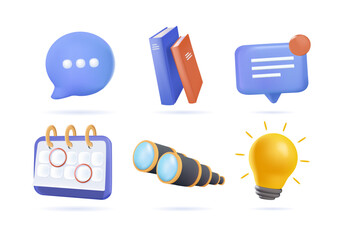 3d icon set. Speaking bubble, books, dialogue message, binoculars, calendar, lamp light bulb chat icon. Realistic vector