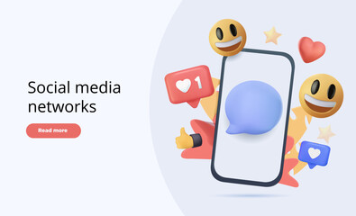 Poster - Social media concept. Marketing time. Realistic abstract 3d design. Cartoon style. In hand phone sends emoticons of emotions to friends. Mobile Template Social network. smile icon. Vector illustration