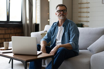 Sticker - Senior man in casual clothing using laptop and smiling while sitting on the sofa, working from home.