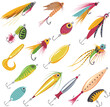 Fishing lures. Fish lure plastic bait crankbait, fishery tackle elements fisher accessories minnow spinning wobbler hand made spoons dragonfly baits, recent vector illustration