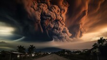 The Menacing Clouds Of Ash And Smoke That Fill The Sky, Obscuring The Sun And Creating An Apocalyptic Landscape In The Aftermath Of A Volcanic Eruption. Generative AI