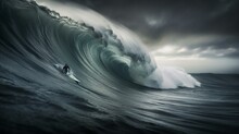 A Surfer Riding The Crest Of A Massive Wave In The Midst Of A Storm Generative AI