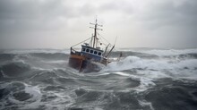 A Fishing Boat Struggling To Stay Afloat Amid The Roiling Sea And Driving Rain Generative AI
