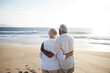 canvas print picture - Rear view of a senior couple on the beach, Generative AI
