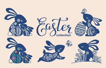 set of ornate easter bunny's. vector illustration hare, bunny, rabbit and butterfly. silhouette of c