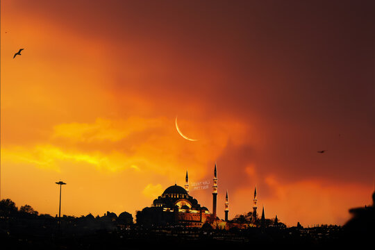 mosque sunset sky, moon, holy night, islamic night and silhouette mosque, islamic wallpaper