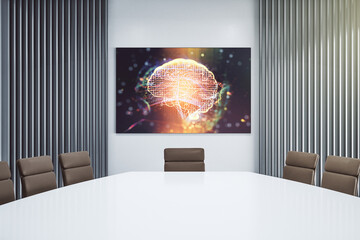Poster - Creative artificial Intelligence concept with human brain sketch on tv display in a modern presentation room. 3D Rendering
