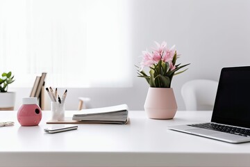 Poster - Inventive desk for the home office. Text is placed in a white copy space. office equipment, a keyboard, a notebook, and a pink vase. looking up. Generative AI