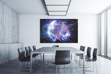 Poster - Abstract digital world map with connections on presentation monitor in a modern boardroom, big data and blockchain concept. 3D Rendering