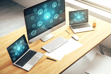 Poster - Modern computer screen with social network media concept. 3D Rendering