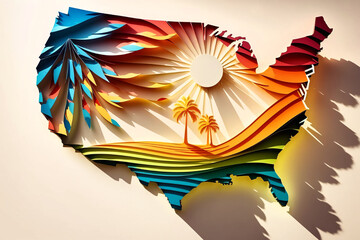 3D Paper Cutout Map of the United States with Shadows. Generative AI