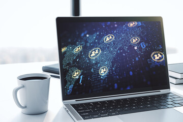 Poster - Modern computer monitor with social network icons concept with world map. Marketing and promotion concept. 3D Rendering