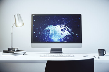 Fototapete - Modern computer display with abstract programming language hologram and world map, artificial intelligence and neural networks concept. 3D Rendering