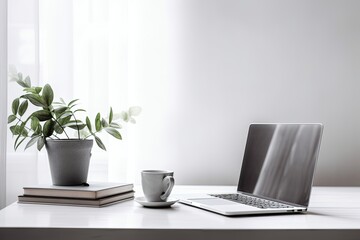 Poster - working with a laptop, Copy space with a background of hot coffee and a plant, company concept. Blank laptop screen on a table. Generative AI