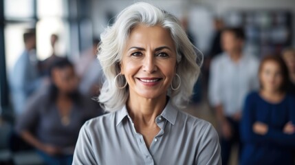 Attractive businesswoman woman posing at her work place with coworkers in the background. Generative AI	
