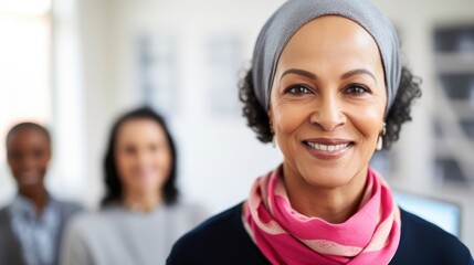 Attractive middle eastern woman posing at her work place with coworkers in the background. Generative AI	
