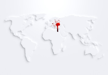 Poster - White world map on white background with shadow or 3d effect. Blood dripping from Ukraine and splattered to Russia and Europe. Concept of war, conflict, crisis and Russia's invasion to Ukraine.