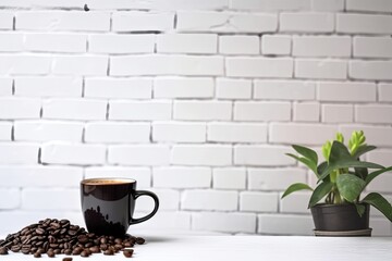 Poster - a cup of coffee with a background of a white brick wall. A vintage bag of coffee beans and a cup of coffee on a bar counter. Generative AI