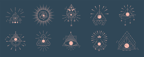 Esoteric pyramid set with eye isolated. Occult mystic triangle with sun and star. Geometric esoteric symbol. Vector illustration design drawn in lines. Mystic eye in triangle