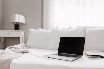 Poster - laptop mockup on the bed. Unwind and chill. Mock up blank screen for a blog, website, or social media. working in the background of the bedroom. Generative AI