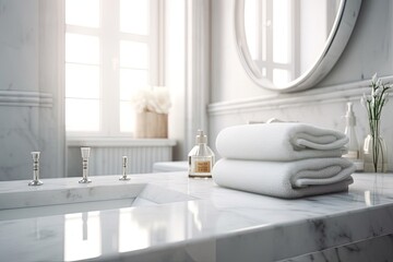 Canvas Print - Shampoo bottle, towels, and copy space on a white marble bathroom tables with a background of a blurry white elegant bathroom are displayed. Generative AI