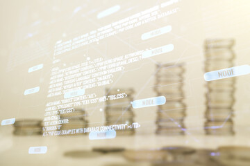 Poster - Double exposure of abstract programming language interface on growing stacks of coins background, research and development concept