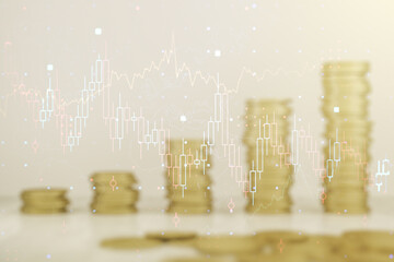 Poster - Double exposure of abstract creative financial chart hologram on growing stacks of coins background, research and strategy concept