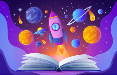 Wall Mural - open magic book with fantasy outer space, education, science and reading concept vector illustration