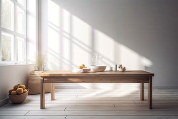 Poster - White room with an empty wooden table under a window with light and shadow. Generative AI