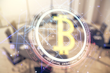 Poster - Virtual Bitcoin sketch on a modern coworking room background. Double exposure