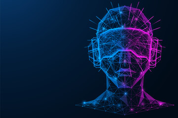 Human in a virtual reality helmet. Futuristic cyberspace of the metaverse. Polygonal design of interconnected lines and points.