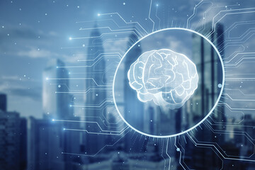 Poster - Glowing circuit brain hologram on blurry city backdrop. Neural network. IQ testing, artificial intelligence virtual emulation science technology concept. Brainstorm think idea. Double exposure.