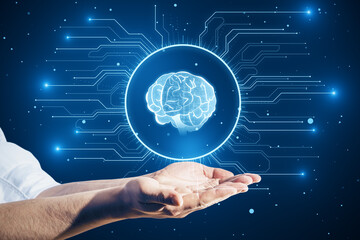 Poster - Close up of male hands holding glowing circuit brain hologram on blurry background. Neural network. IQ testing. Brainstorm think idea.