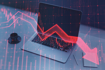 Poster - Close up of laptop on desktop with coffee cup, notepad and red candlestick arrow going down on blurry background. Economic recession and crisis concept. Double exposure.