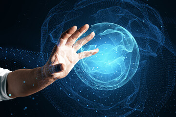 Aufkleber - Close up of man hand using polygonal globe hologram on dark background. World map with global social network. Future concept. Blue futuristic background with planet.