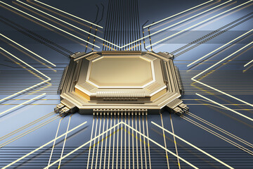 Poster - Creative empty golden chip on metal wallpaper with lines. Mock up place. Technology and motherboard, computer and hardware concept. 3D Rendering.