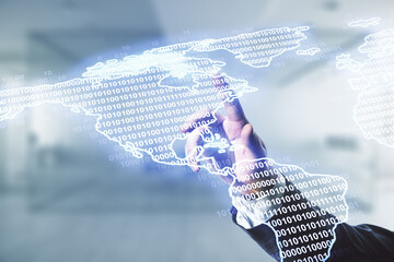 Poster - Double exposure of man hand presses on digital map of North America on blurred office background, research and strategy concept