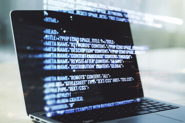 Poster - abstract creative coding concept on modern laptop background. multiexposure