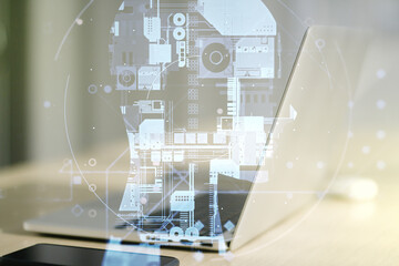 Aufkleber - Double exposure of creative human head microcircuit with computer on background. Future technology and AI concept
