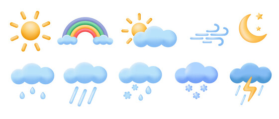 3d meteorology, weather or forecast icons set. sun, moon, rainbow, clouds, wind, rain and snow. vect