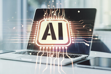 Poster - creative artificial intelligence symbol concept with modern laptop on background. multiexposure